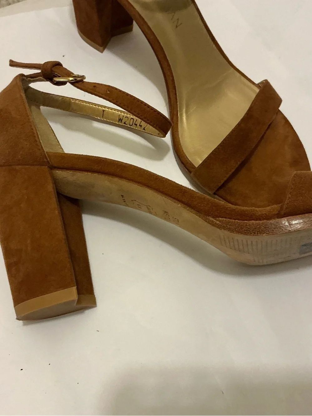 Stuart Weitzman Suede Ankle-Strap Block Heel - Cognac Brown - Picture 6 of 10